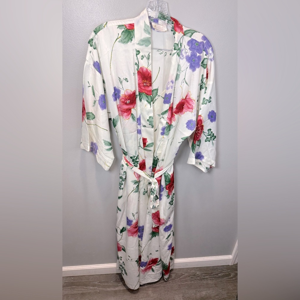 California Dynasty Vintage Floral Satin Robe and‎ Sleep Dress Combo Size Large